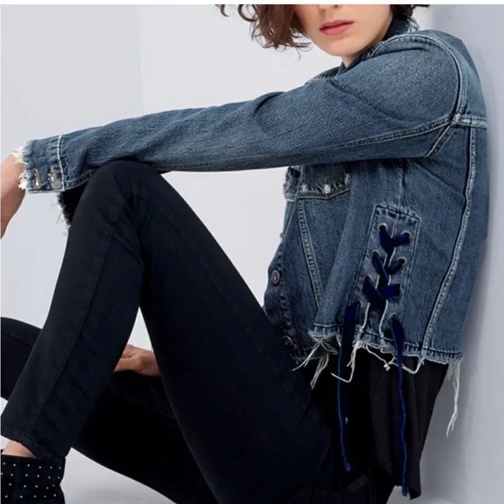 Paige Villa Tie-Side Distressed Cropped Denim Jacket size XS